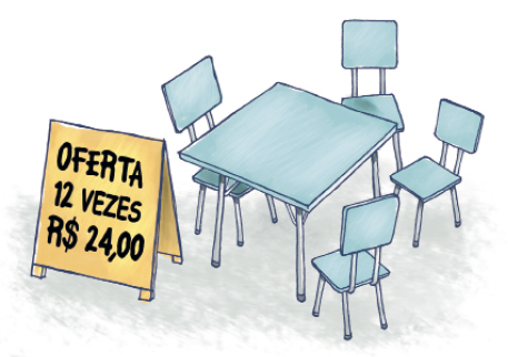 Imagem: Ilustração. Quatro cadeiras e uma mesa azul. Ao lado, placa com a informação: OFERTA – 12 VEZES R$ 24,00.    Fim da imagem.