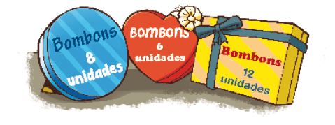 Imagem: Ilustração. Caixa redonda e azul (BOMBONS 8 UNIDADES). Em seguida, caixa com formato de coração vermelho (BOMBONS 6 UNIDADES). Ao lado, caixa quadrada e amarela (BOMBONS 12 UNIDADES).    Fim da imagem.