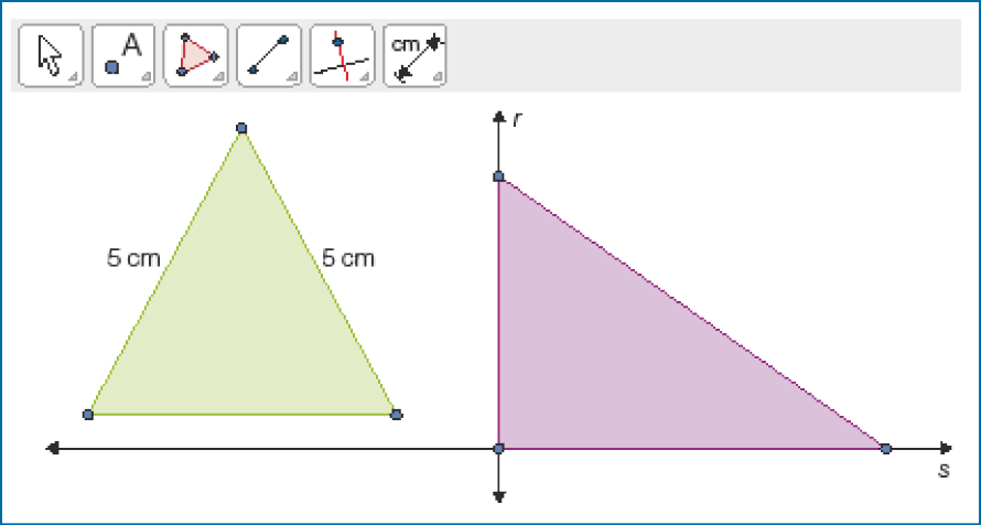 Imagem: Ilustração. Software. Na parte superior, botões. No centro, uma reta horizontal s e no meio, uma reta vertical r. Acima da reta s e à esquerda da reta r, um triângulo isósceles com 5 cm nas laterais. Acima da reta s e à direita da reta r, um triângulo retângulo.  Fim da imagem.