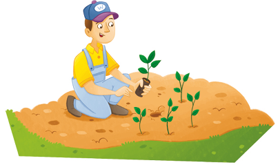 Imagem: Ilustração. Jurandir, homem com boné e macacão está agachado e plantando mudas em um terreno.  Fim da imagem.