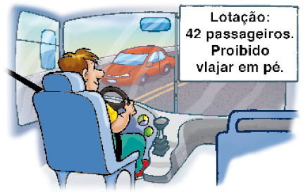Imagem: Ilustração. Um homem está sentado e dirigindo um ônibus. Ao seu lado, placa com a informação: Lotação: 42 passageiros. Proibido viajar em pé.    Fim da imagem.