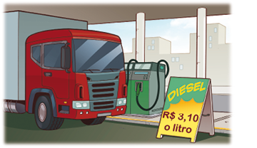 Imagem: Ilustração. Um caminhão vermelho está parado em um posto de gasolina. Ao lado, placa com a informação: DIESEL R$ 3,10 O LITRO.  Fim da imagem.