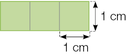 Ilustração. Três quadrados verdes lado a lado. Cada quadrado mede 1 cm de comprimento e 1 cm de largura. 