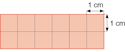 Ilustração. Duas fileiras com seis quadrados vermelhos. Cada quadrado mede 1 cm de comprimento e 1 cm de largura.