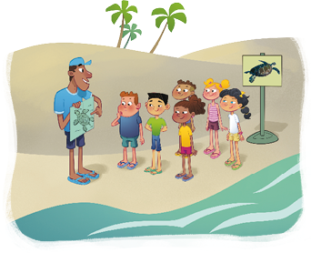 Imagem: Ilustração. Um homem com boné e uniforme azul está segurando o desenho de uma tartaruga. Na frente dele, seis jovens o observam. Atrás deles há uma placa com a imagem de uma tartaruga e ao lado, o mar.   Fim da imagem.