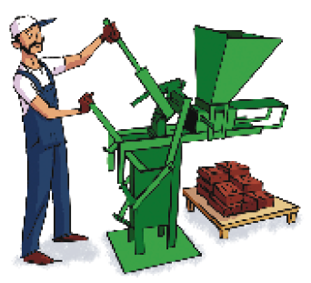 Imagem: Ilustração. Um homem com luvas e macacão está com as mãos em uma máquina. Na frente há tijolos empilhados sobre um suporte.  Fim da imagem.