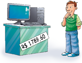 Imagem: Ilustração. Fernando, homem com cabelo castanho e curto está com a mão direita sob o queixo e olhando um computador e um monitor sobre um balcão. Abaixo, faixa com o preço: R$ 1.789,60. Fim da imagem.