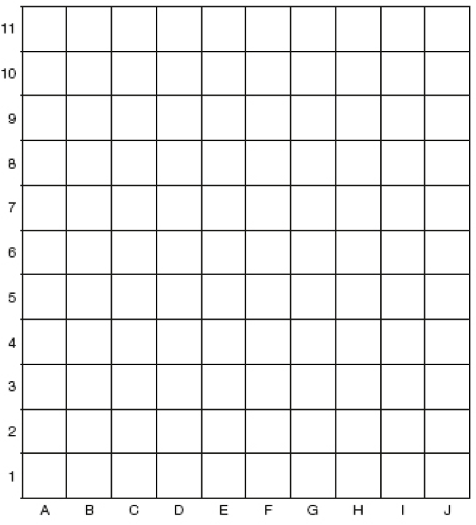 Imagem: Ilustração. Malha quadriculada com dez colunas (A, B, C, D, E, F, G, H, I, J) e onze fileiras (1, 2, 3, 4, 5, 6, 7, 8, 9, 10, 11). Fim da imagem.