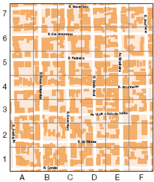 Imagem: Ilustração. Malha quadriculada com seis colunas (A, B, C, D, E, F) e sete fileiras (1, 2, 3, 4, 5, 6, 7).  A Rua Avaliação ocupa a coluna A 1, 2, 3, 4, 5, 6.  A Rua Rosas Amarelas ocupa a coluna B inteira.  A Rua Dezembro ocupa a coluna C inteira. A Rua Lindo Azul ocupa a coluna D inteira. A Avenida Brasileira ocupa a coluna E inteira. A Rua Anoitecer ocupa a coluna F inteira. A Rua Conde ocupa a fileira 1 inteira. A Rua do Museu ocupa a fileira 2 inteira. A Avenida Vinte e Dois de Junho ocupa a fileira 3 inteira. A Rua Amanhecer ocupa a fileira 4 inteira. A Rua Pedreira ocupa a fileira 5 inteira. A Rua das Amoreira ocupa a fileira 6 inteira. A Rua Novembro ocupa a fileira 7 inteira.  Fim da imagem.