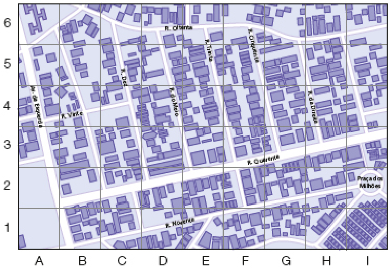 Imagem: Ilustração. Malha quadriculada com nove colunas (A, B, C, D, E, F, G, H, I) e seis fileiras (1, 2, 3, 4, 5, 6).  A Avenida da Esquerda ocupa a coluna A inteira mais B1.  A Rua Dez ocupa as colunas C6, C5, C4, C3, D3, D2.  A Rua do Meio ocupa as colunas D6, D5, D4, D3, E3, E2.  A Rua Trinta ocupa as colunas E6, E5, E4, F3.  A Rua Cinquenta ocupa as colunas F6, F5, F4, G4, G3.  A Rua da Direita ocupa as colunas G6, G5, H4, H3.  A Rua Oitenta ocupa a fileira 6 inteira.  A Rua Vinte ocupa as colunas A4, B4, C4. A Rua Quarenta ocupa as fileiras B2, C2, D2, E2, F3, G3, H3, I3.  A Rua Noventa ocupa as fileiras A1, B1, C1, D1, E1, F2, G2, H2, I2. A Praça dos Milhões está em I2.  Fim da imagem.