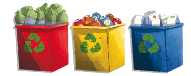 Imagem: Ilustração. Três cestos de lixo recicláveis: um vermelho, um amarelo e um azul.  Fim da imagem.