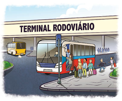 Imagem: Ilustração. Pessoas formando uma fila ao lado de um ônibus. Ao fundo, o terminal rodoviário.  Fim da imagem.