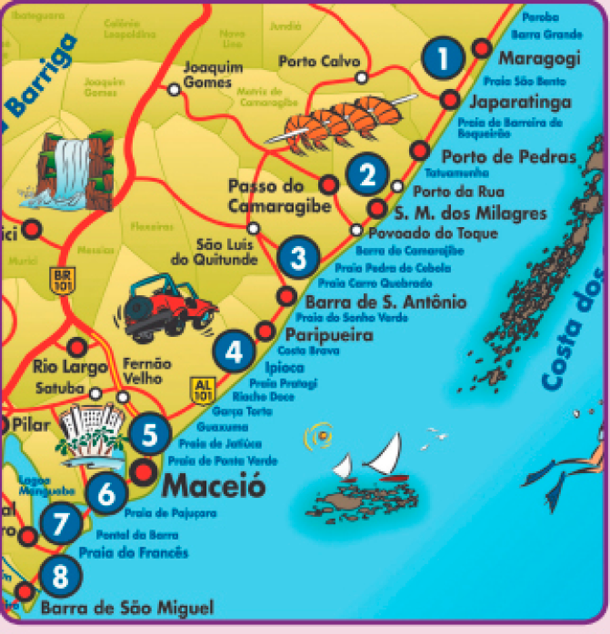 Imagem: Mapa. Destaque para números de 1 a 8 e cidades: Maragogi, Japaratinga, Porto de Pedras, S. M. dos Milagres, Barra de S. Antônio, Paripueira, Maceió (Capital próxima dos números 5 e 6) e Barra de São Miguel.  Fim da imagem.