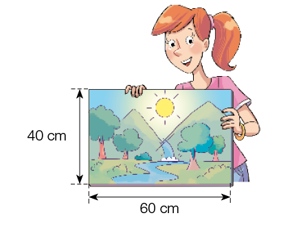 Ilustração. Lígia, mulher ruiva com cabelo preso está sorrindo e segurando um quadro com a imagem de um rio, árvores, montanhas e o sol. O quadro tem 40 cm de comprimento e 60 cm de largura.