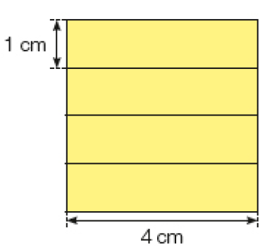 Ilustração. Quadrado dividido em quatro retângulos com 1 cm de comprimento cada. O quadrado mede 4 cm de largura.