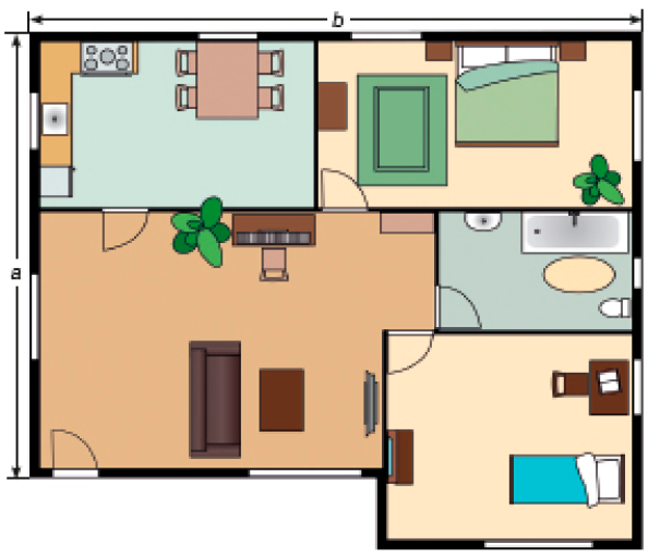 Imagem: Ilustração. Planta de uma casa, medindo a de comprimento e b de largura. Na parte superior há uma cozinha e um quarto de casal. Abaixo há uma sala, um banheiro e um quarto de solteiro. Fim da imagem.