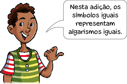 Imagem: Ilustração. Um homem aponta para o lado com o polegar e fala: Nesta adição, os símbolos iguais representam algarismos iguais.   Fim da imagem.