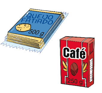 Ilustração. Uma embalagem de queijo fatiado com 500 g e um pacote de café com 250 g.