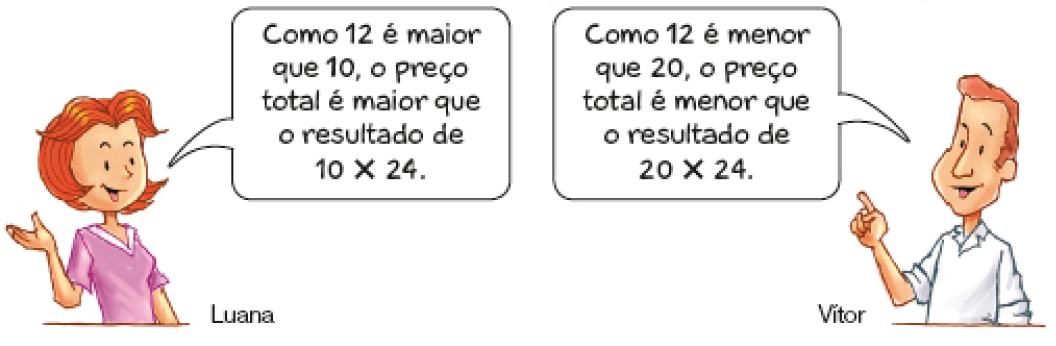 Imagem: Ilustração. Luana, mulher ruiva fala: Como 12 é maior que 10, o preço total é maior que o resultado de 10 vezes 24. Ao lado, Vítor, homem ruivo diz: Como 12 é menor que 20, o preço total é menor que o resultado de 20 vezes 24. Fim da imagem.