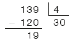 Imagem: Divisão na chave. À esquerda da chave, 139. À direita da chave, 4. Abaixo de 139, sinal de subtração e o número 120. Traço abaixo e o resultado 19. Abaixo da chave, quociente 30.   Fim da imagem.