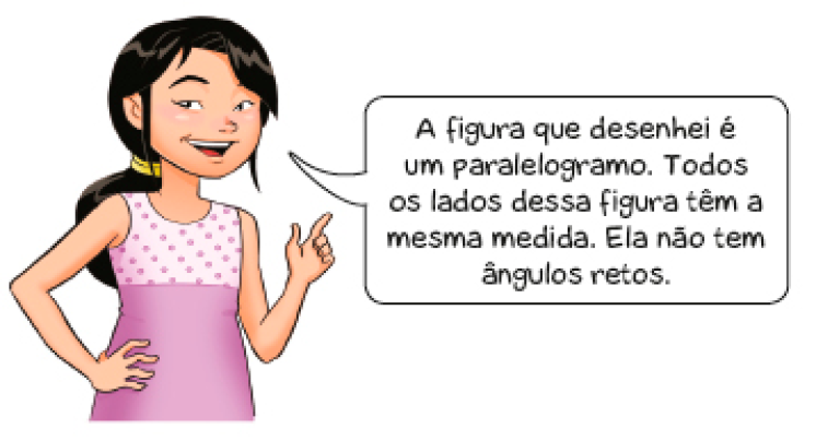 Imagem: Ilustração. Margarida, jovem com cabelo comprido e preso diz: A figura que desenhei é um paralelogramo. Todos os lados dessa figura têm a mesma medida. Ela não tem ângulos retos.  Fim da imagem.