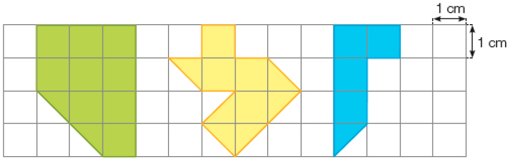 Ilustração. Malha quadriculada. Cada quadradinho mede 1 cm de comprimento e 1 cm de largura. À esquerda, figura ocupando dez quadradinhos. No centro, figura ocupando sete quadradinhos. À direita, figura ocupando quatro quadradinhos e meio.