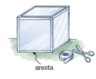 Imagem: Ilustração. Cubo de vidro com destaque para a aresta na lateral. Ao lado há uma tesoura e uma fita adesiva.  Fim da imagem.