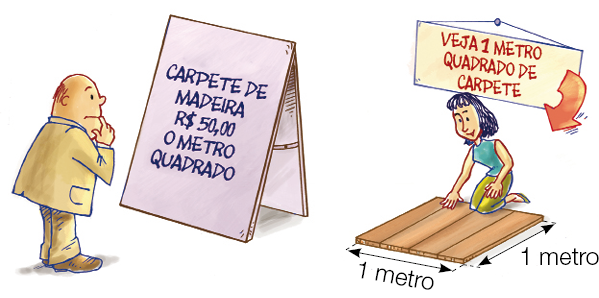 Ilustração. Jair, homem calvo com terno está com a mão direita sob o queixo. Na frente dele há uma placa com a informação: CARPETE DE MADEIRA R$ 50,00 O METRO QUADRADO. Ao lado, uma mulher com cabelo azul e curto está ajoelhada sobre um quadrado de madeira, que mede 1 metro de comprimento e 1 metro de largura. Atrás dela, uma faixa com a informação: VEJA 1 METRO QUADRADO DE CARPETE. 