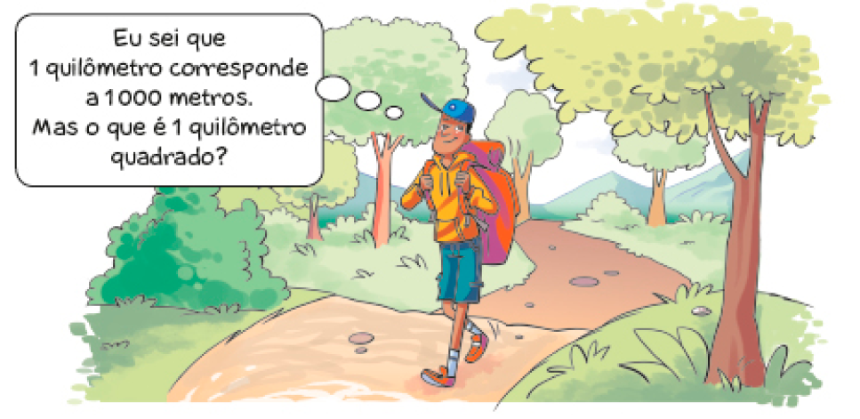 Ilustração. Joaquim, homem com boné e mochila grande nas costas está andando sobre uma estrada de terra. Ele sorri e pensa: Eu sei que 1 quilômetro corresponde a 1.000 metros. Mas o que é 1 quilômetro quadrado? Ao fundo, árvores, plantas e morros.