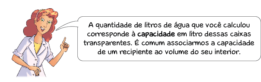 Ilustração. Uma mulher com cabelo ondulado e comprido fala: A quantidade de litros de água que você calculou corresponde à capacidade em litro dessas caixas transparentes. É comum associarmos a capacidade de um recipiente ao volume do seu interior.