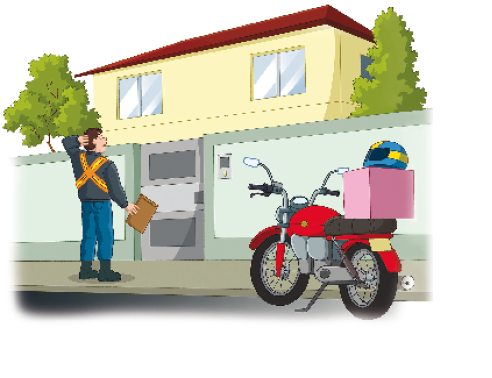 Imagem: Ilustração. Um homem segura um envelope com a mão direita e com a mão esquerda na cabeça. Ao seu lado há uma moto e na frente dele, uma casa. .   Fim da imagem.