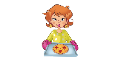 Imagem: Ilustração. Fabíola sorri e segura a bandeja com a pizza.  Fim da imagem.