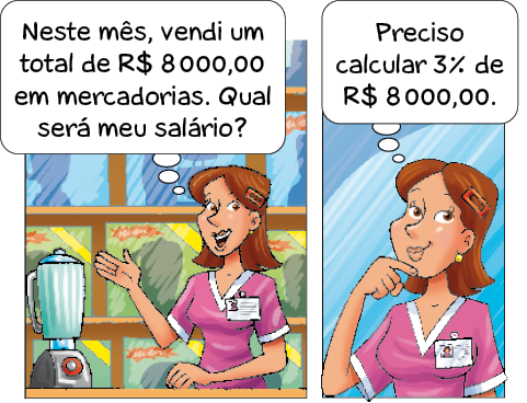 Imagem: Ilustração.  Ana, mulher com cabelo castanho na altura dos ombros pensa: Neste mês, vendi um total de R$ 8.000,00 em mercadorias. Qual será meu salário? Ao seu lado há um liquidificador e atrás dela, várias embalagens em uma estante. Ana olha para cima com a mão direita sob o queixo e pensa: Preciso calcular 3% de R$ 8.000,00. Fim da imagem.