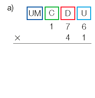 Imagem: Conta de multiplicação na vertical. Acima, as siglas UM, C, D, U. Abaixo, o número 176. Em seguida, sinal de multiplicação e o número 41. Abaixo, traço horizontal. Em seguida, sinal de adição. Abaixo, traço horizontal.  Fim da imagem.