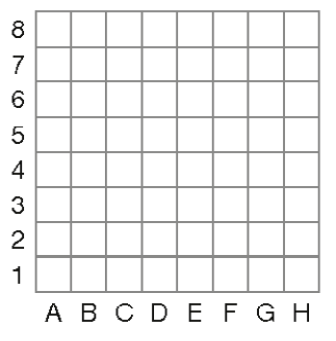 Imagem: Ilustração. Malha quadriculada com oito colunas (A, B, C, D, E, F, G, H) e oito fileiras (1, 2, 3, 4, 5, 6, 7, 8).  Fim da imagem.