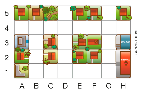 Imagem: Ilustração. Malha quadriculada com oito colunas (A, B, C, D, E, F, G, H) e cinco fileiras (1, 2, 3, 4, 5). Há casas nos quadros A1, A2, A3, A5, B5, C2, C3, C5, E2, E3, E5, F2, F3, F5, H5. Há um Banco em H3 e um Hospital em H1 e H2.  Fim da imagem.