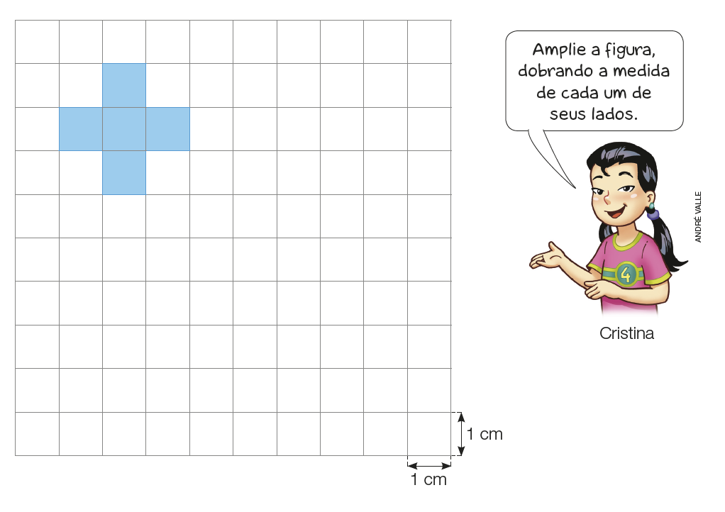 Imagem: Ilustração. Malha quadriculada com dez colunas e dez fileiras. Cada quadradinho mede 1 cm de altura e 1 cm de largura. Na parte superior, cinco quadradinhos azuis.   Fim da imagem.