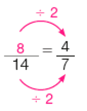 Imagem: Frações. oito quatorze avos igual quatro sétimos. Entre os numeradores, a expressão ÷ 2 e entre os denominadores, a expressão ÷ 2.  Fim da imagem.