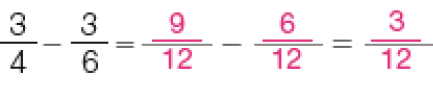 Imagem: Fração: 3 quartos menos 3 sextos = 9, 12 avos menos 6, 12 avos = 3, 12 avos. Fim da imagem.