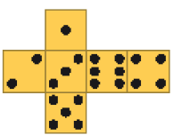 Imagem: Ilustração. Planificação do dado. No centro há quatro quadrados enfileirados com os números: 2, 3, 6, 4. Acima do segundo há um quadrado com o número 1 e abaixo do segundo há um quadrado com o número 5.   Fim da imagem.