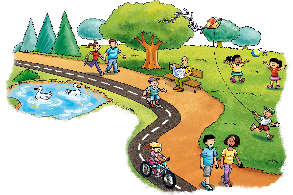 Imagem: Ilustração. À esquerda, dois patos estão nadando em um lago. No centro, uma pista com uma menina andando de bicicleta e um menino andando de skate. Em seguida, um casal está correndo, um senhor está sentado e lendo um jornal e outro casal está caminhando. À direita, um menino está empinando pipa e duas meninas estão brincando com uma bola. Ao fundo, árvores. Fim da imagem.