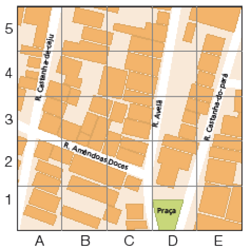 Imagem: Ilustração. Malha quadriculada com cinco colunas (A, B, C, D, E) e cinco fileiras (1, 2, 3, 4, 5).  A Rua Castanha-de-caju ocupa a coluna A inteira.  A Rua Avelã ocupa as colunas D5, D4, D3, C2, C1.  A Rua Castanha-do-pará ocupa as colunas E5, E4, E3, E2, D2, D1.  A Rua Amêndoas Doces ocupa as fileiras A3, B2, C2.  A Praça está no quadro D1.   Fim da imagem.