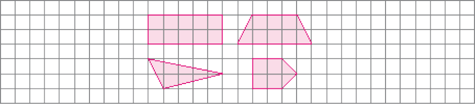 Imagem: Ilustração. Malha quadriculada. um retângulo, um trapézio, um triângulo escaleno e um pentágono. Fim da imagem.