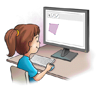 Imagem: Ilustração. Maiara, menina com cabelo preso está sentada e com a mão sobre um mouse. Na frente dela há um monitor e na tela, um software de geometria.   Fim da imagem.