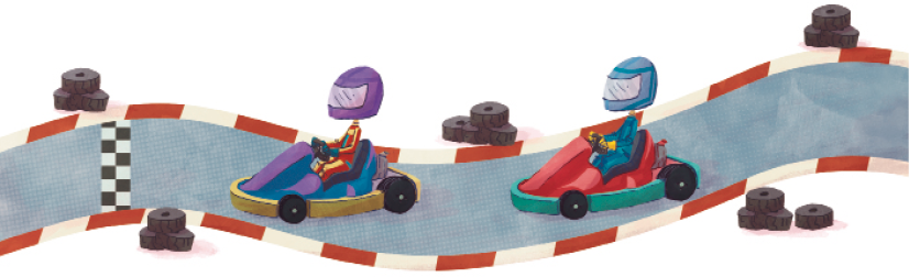 Imagem: Ilustração. Duas pessoas com capacete de proteção estão sentadas em karts em uma pista de corrida.    Fim da imagem.