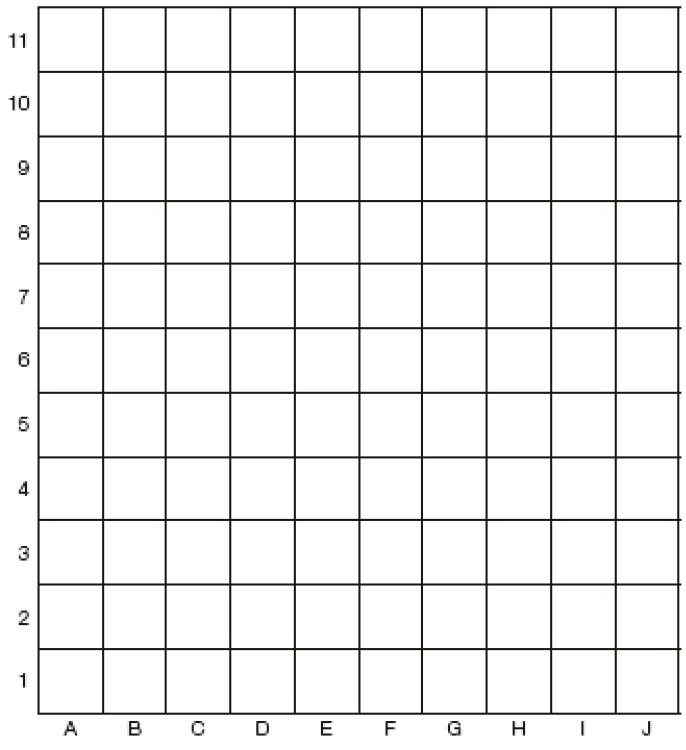 Imagem: Ilustração. Malha quadriculada com dez colunas (A, B, C, D, E, F, G, H, I, J) e onze fileiras (1, 2, 3, 4, 5, 6, 7, 8, 9, 10, 11). Fim da imagem.