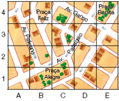 Imagem: Ilustração. Malha quadriculada com cinco colunas (A, B, C, D, E) e quatro fileiras (1, 2, 3, 4).  A Avenida Pelicano ocupa as colunas A4, A3 e B2.  A Avenida Papagaio ocupa as colunas A1, B1, B2, C2, D3 e D4.  A Avenida Ganso ocupa as colunas C4, D4 e E3.  A Praça Feliz está em B4; a Praça Alegre em A1, B1, C1 e C2; a Praça Bonita está em E4.  Fim da imagem.