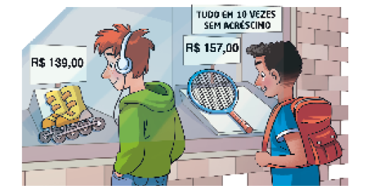 Imagem: Ilustração. Um jovem com fones de ouvidos observa um par de patins em uma vitrine. Atrás, o preço: R$ 139,00. Ao lado, outro jovem observa uma raquete na vitrine com o preço R$ 157,00. Acima dos produtos, faixa com a informação: TUDO EM 10 VEZES SEM ACRÉSCIMO. Fim da imagem.