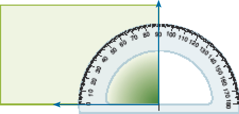 Imagem: Ilustração. Um transferidor sobre o canto inferior direito do retângulo verde. Há uma seta sobre o número 0 e outra seta sobre o número 90.   Fim da imagem.