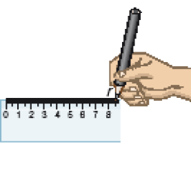 Imagem: Ilustração. Uma mão segura um lápis sobre uma régua e faz uma reta horizontal r entre os números 0 e 8.   Fim da imagem.